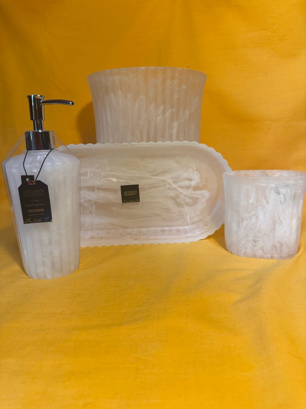 Artisan White Bath Accessory Set - Soap Dispenser, Tray, brush holder, waste can